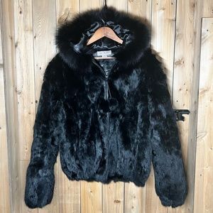 Che-Bella Black Genuine Fur, Hooded Coat, Sz.XL